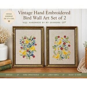 Vintage Hand Embroidered Bird Wall Art Pair Framed Folk Art Cottagecore Grandma